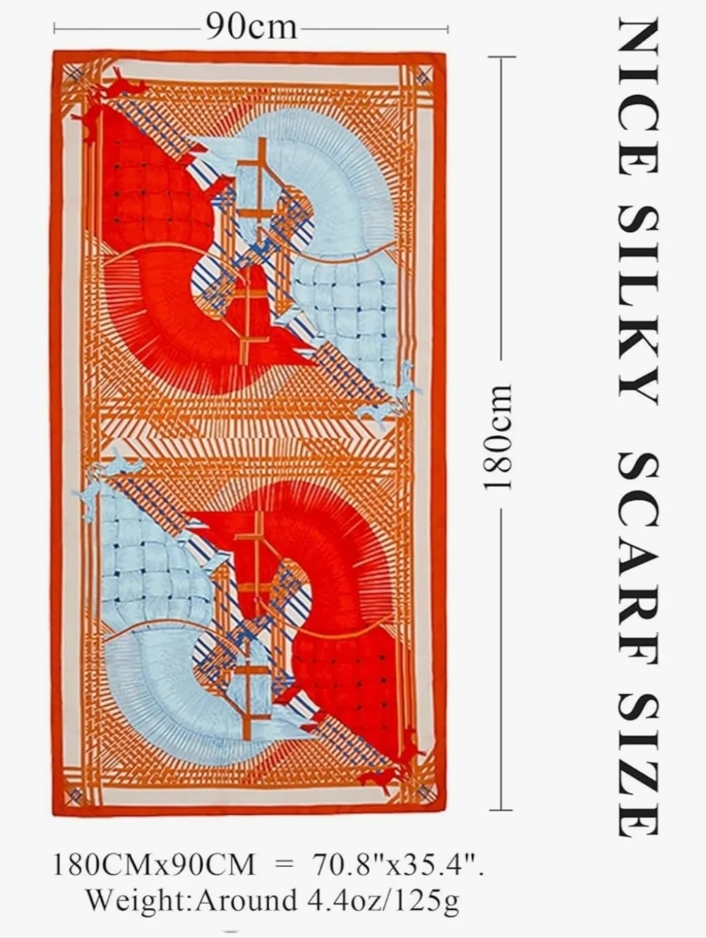 Elegant Orange & Light Blue Equestrian Pattern Silk-Feel Wrap